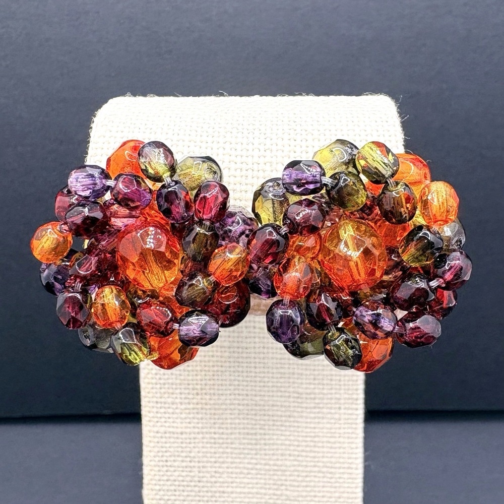 Vintage Joan Rivers Cluster Glass Beaded Flower Pierced Earrings Autumn Fall